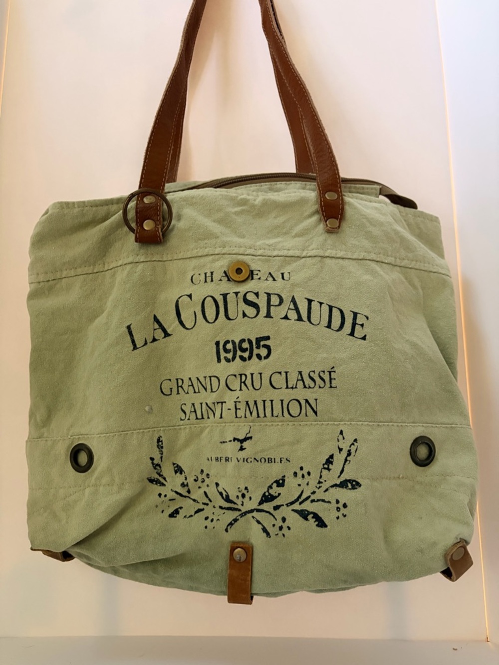 Myra Bag Sage Green Canvas Tote with Brown Leather Straps